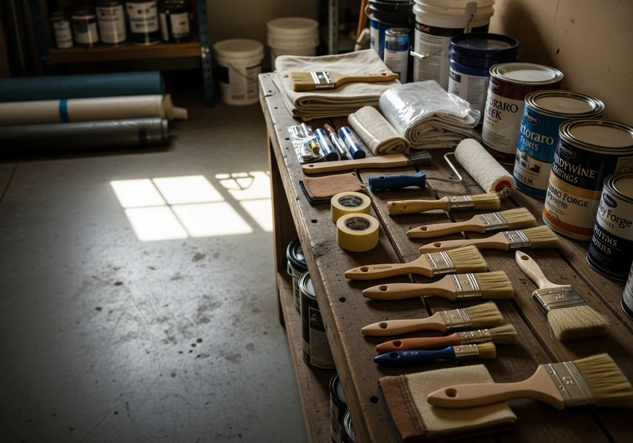 Painting tools and supplies arranged on a work surface, ready for interior and exterior projects.