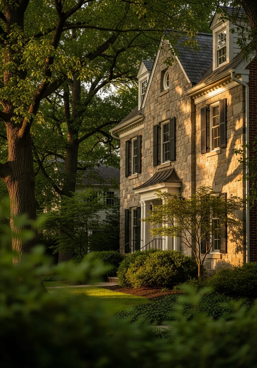 Close-up of a Devon home exterior showing traditional architecture and mature trees.