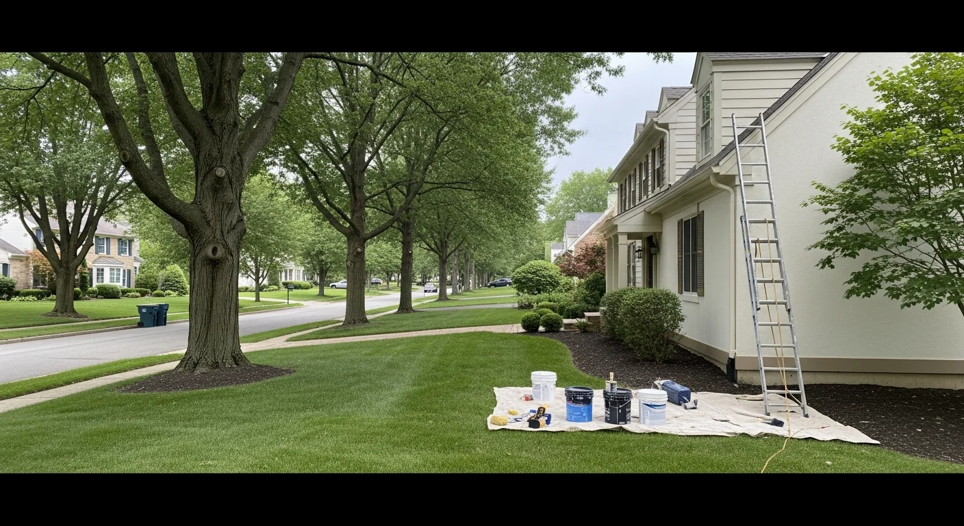Tree-lined residential street in Devon, PA with well-maintained homes and established landscaping.