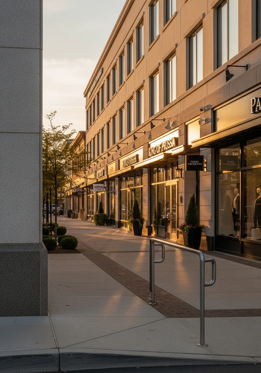 King of Prussia business district with contemporary architecture and organized grounds.