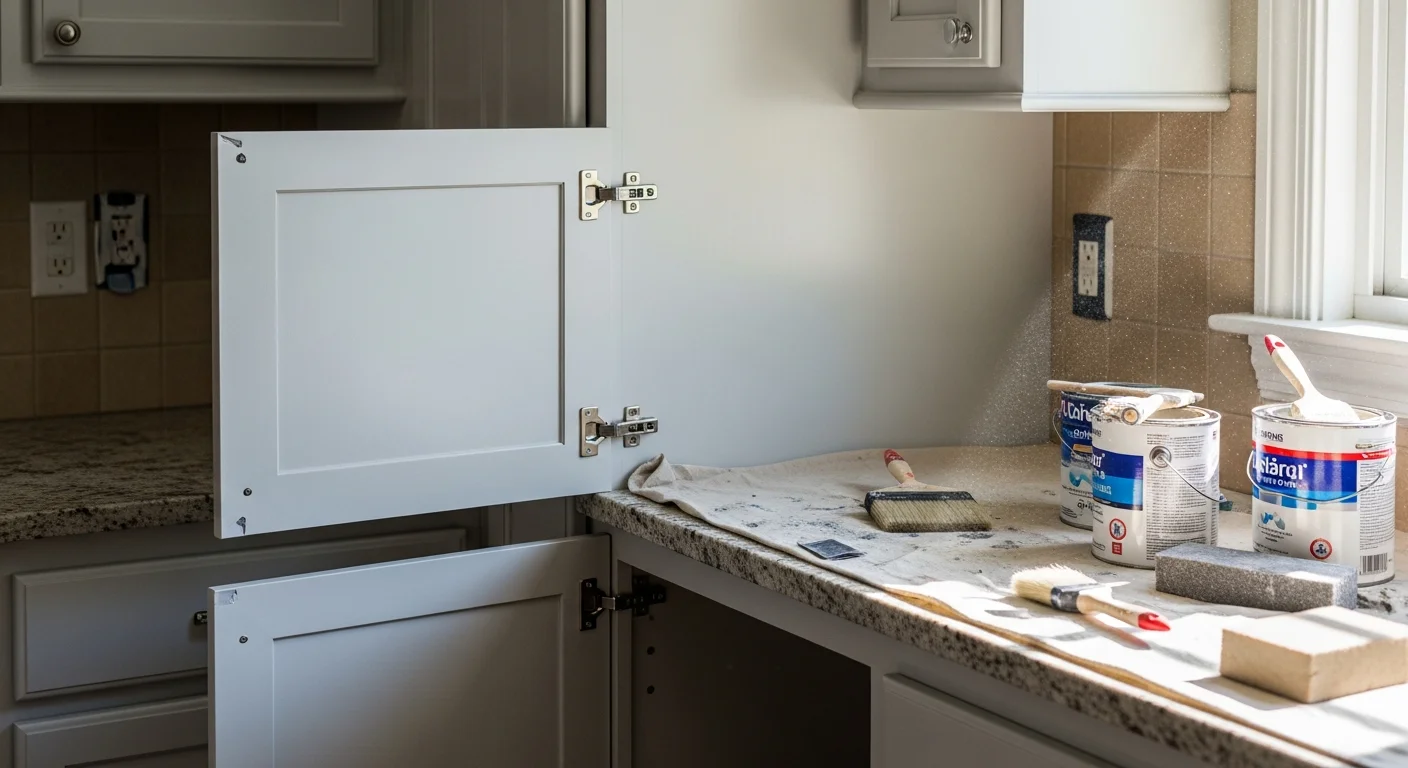 Freshly painted white kitchen cabinets in a Devon home with smooth, brush-mark-free doors and clean hardware reinstalled. Cabinet boxes and drawer fronts show an even finish consistent with professional spray application.