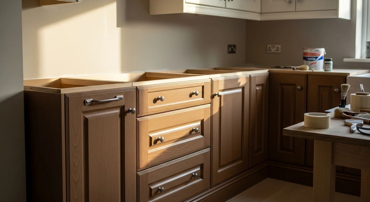 Refaced kitchen cabinets in a Devon home showing new flat-panel doors, updated hardware, and fresh veneer on the face frames. The existing cabinet layout remains intact with a clean, modern finish applied by Unleashed Painting LLC.