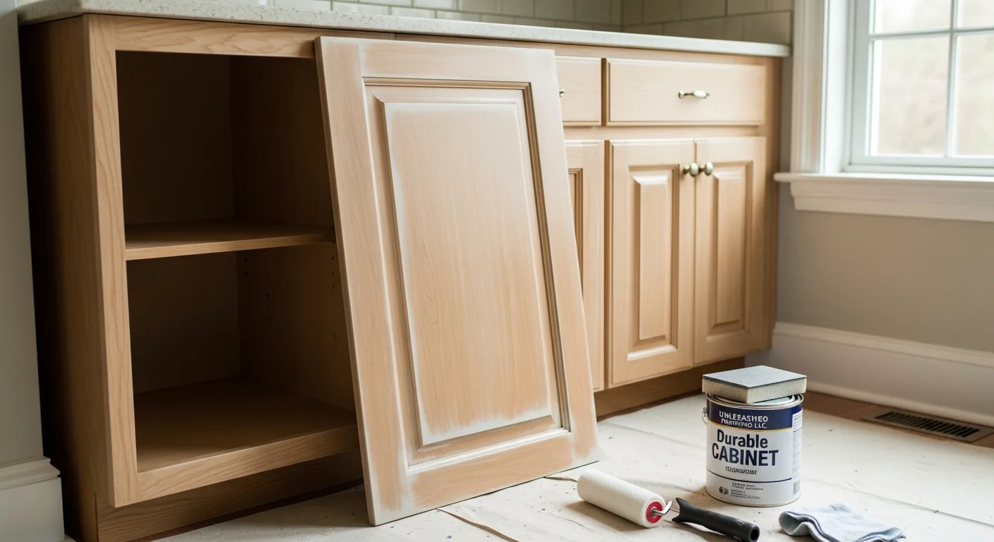Freshly refinished white kitchen cabinets with clean brushed hardware in a Colonial-style home in Devon, PA. Close-up view shows smooth, even topcoat finish on cabinet doors and drawer fronts.