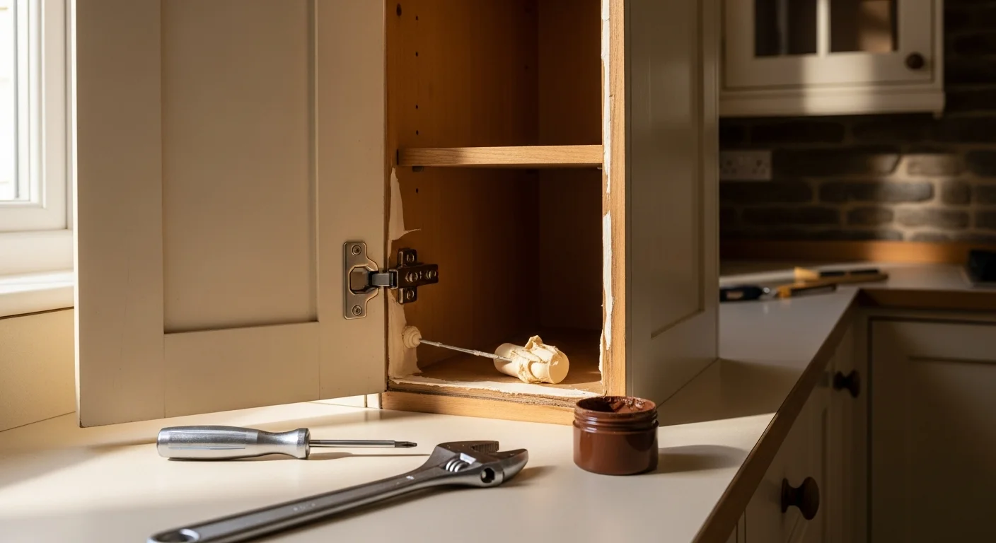 A repaired kitchen cabinet door in a Devon home, showing a properly aligned door with new hardware mounted on a solid wood cabinet box. Close-up view highlights a clean, smooth finish with no visible gaps or surface damage.