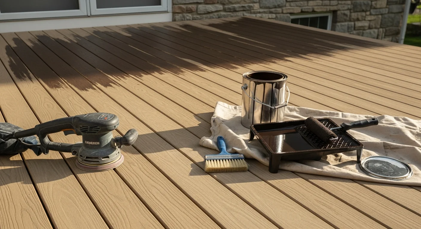 A freshly painted wood deck on a Colonial-style home in Devon, PA, with clean board edges and an even coat of solid exterior paint. The deck overlooks a tree-lined backyard typical of Chester County's Main Line neighborhoods.