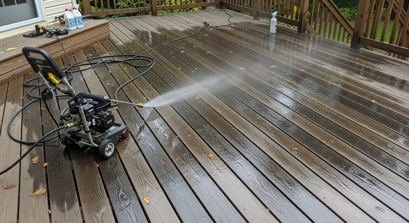 A Devon, PA residential wood deck after professional pressure washing, showing clean boards and railings free of algae and dark staining. The deck sits behind a Colonial-style home in a tree-lined Chester County neighborhood.