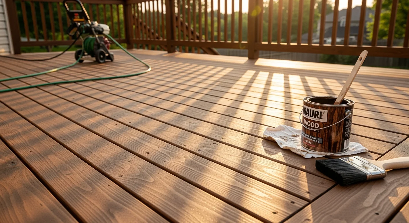 A freshly stained wood deck on a Devon, PA home with even color coverage and clean board edges. The deck surface shows deep grain penetration with no streaks or missed spots.