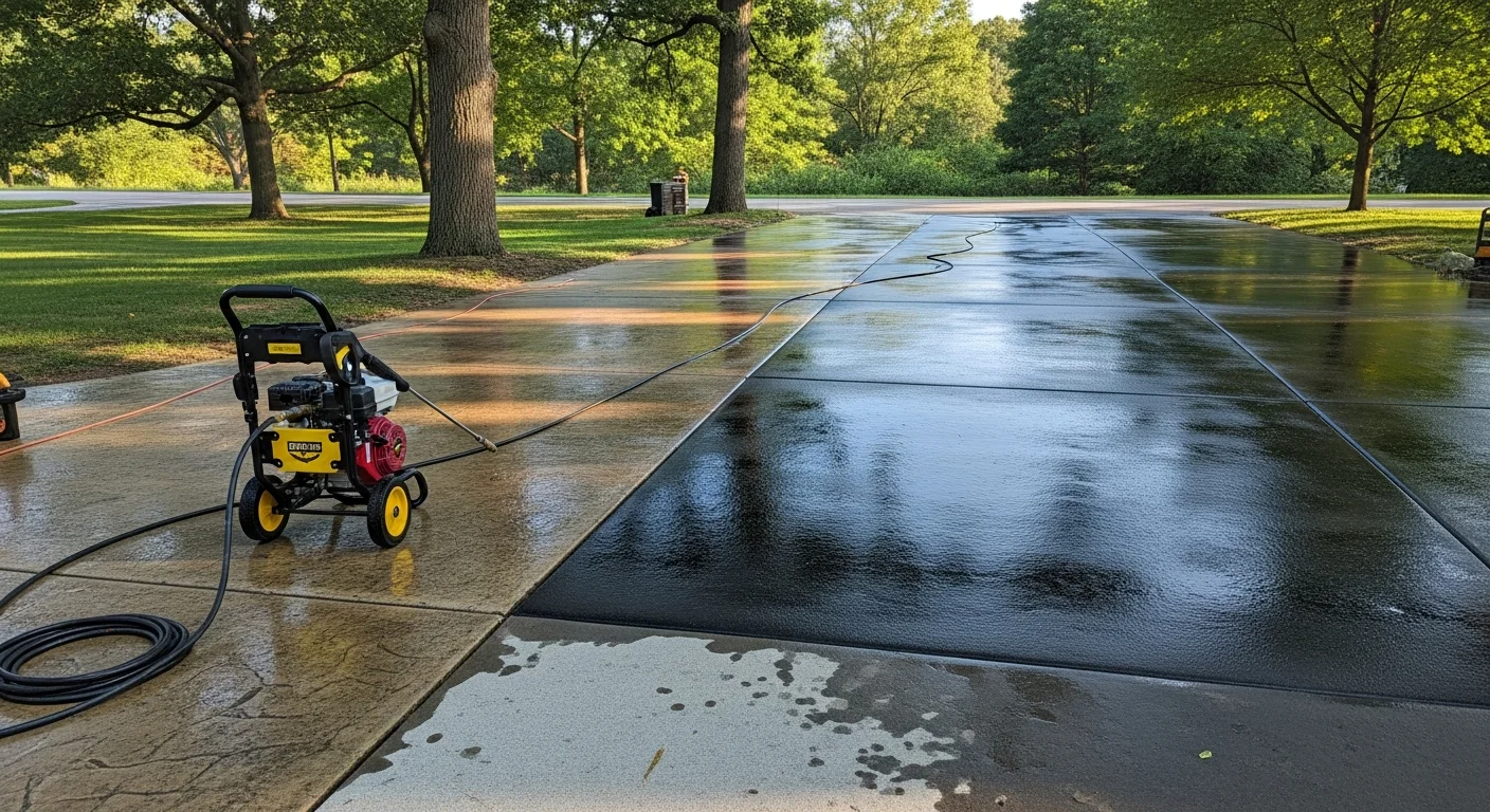 A Devon, PA residential concrete driveway shown before and after professional pressure washing, with the cleaned side showing bright, stain-free surface compared to the algae-stained and discolored section. Commercial pressure washing equipment is visible on the property.