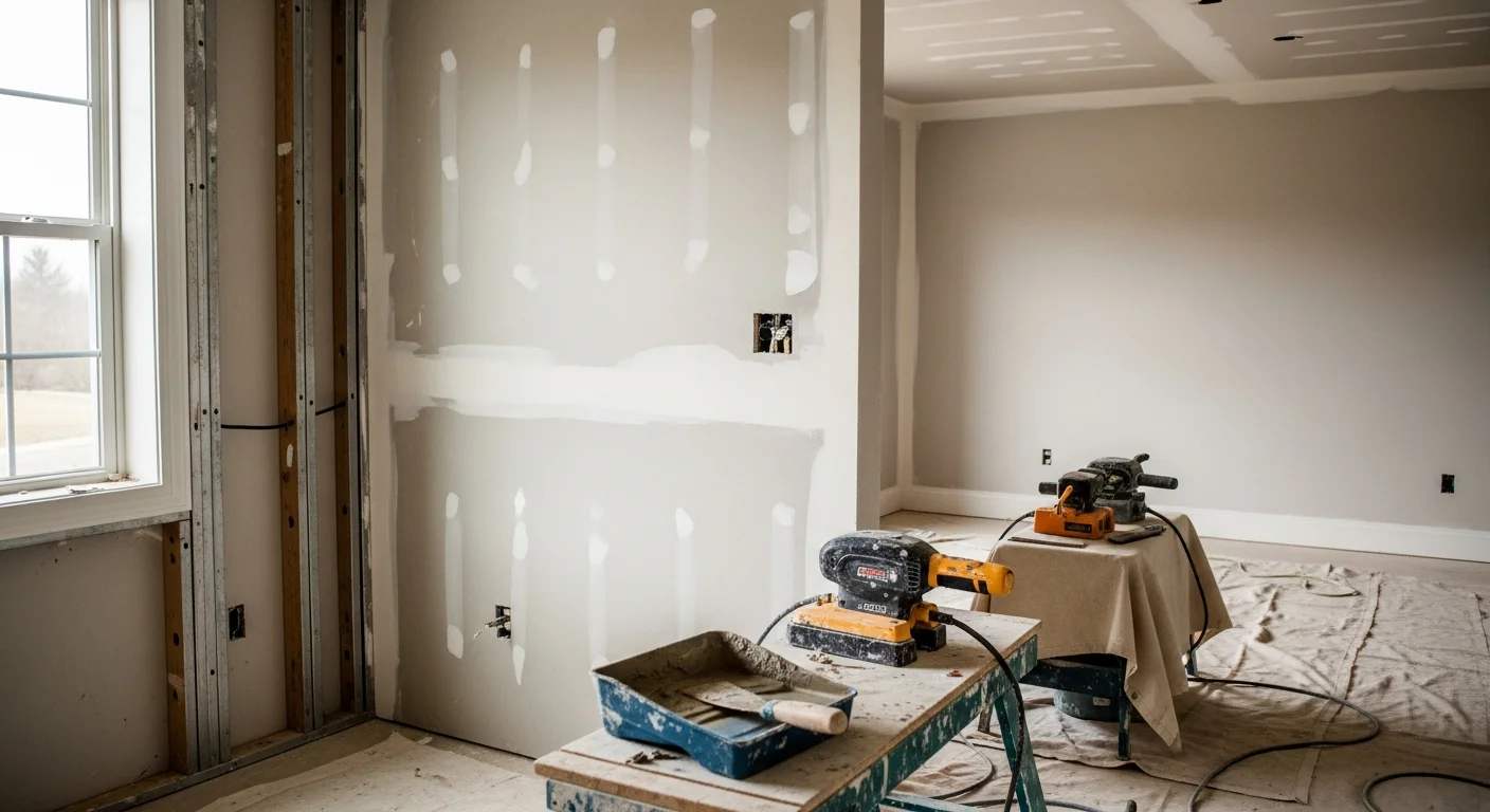 Freshly installed and finished drywall on the walls and ceiling of a room inside a Devon, PA home. Smooth, paint-ready surfaces with clean taped seams visible before primer application.