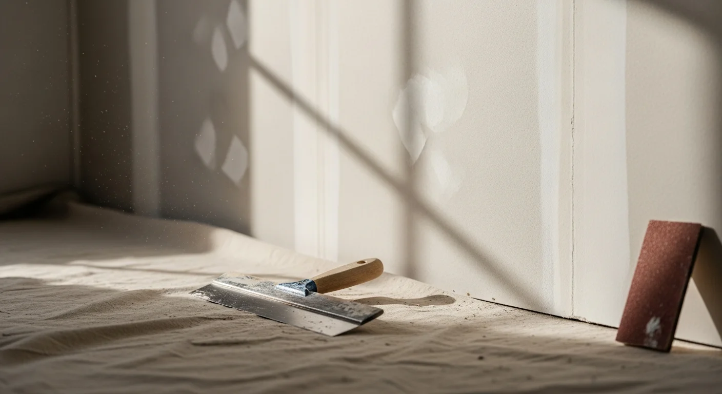A freshly patched and sanded interior wall in a Devon, PA home showing a smooth, seamless surface ready for paint. Close-up view of a completed drywall patch with no visible seam or texture mismatch.