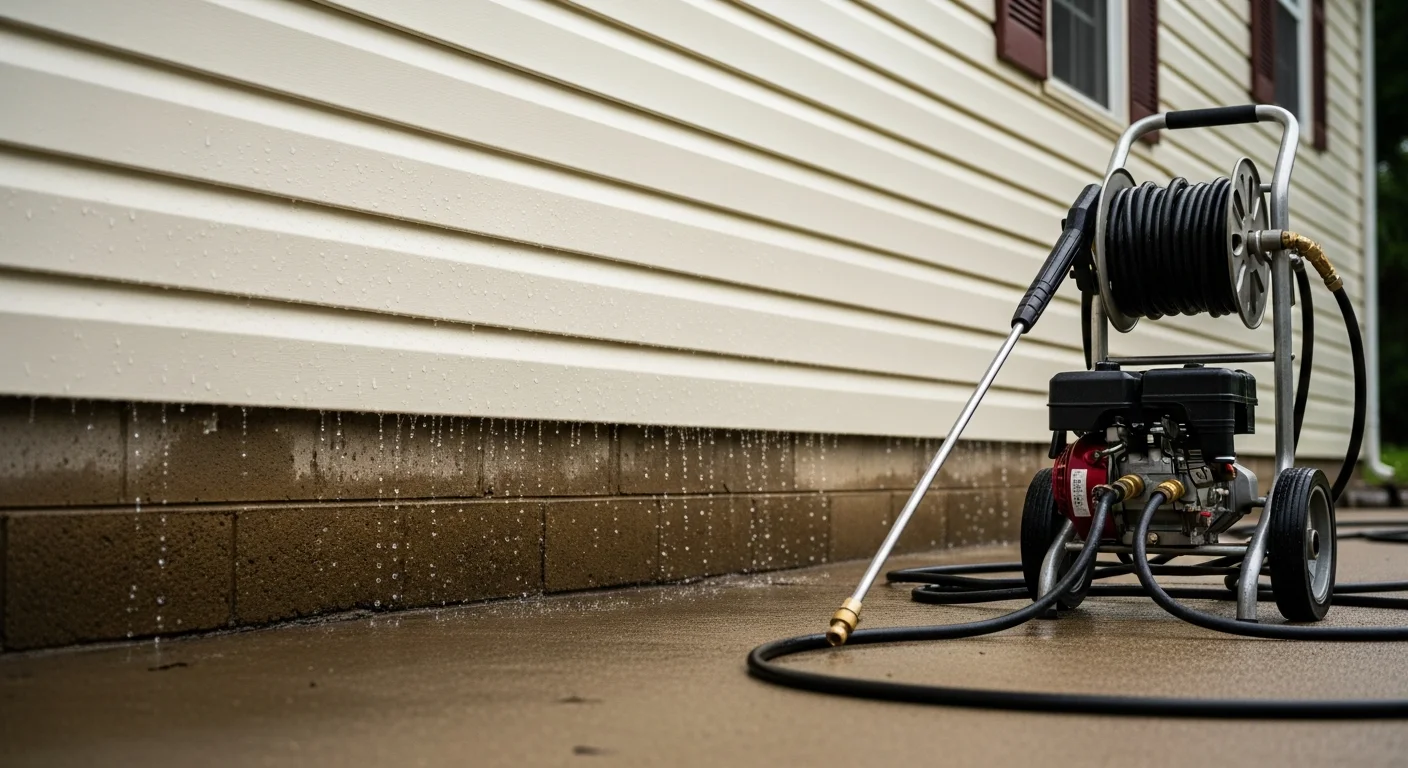 A Devon, PA home exterior after pressure washing, showing clean vinyl siding and concrete walkway free of mold and dirt stains. Unleashed Painting LLC pressure washing equipment visible near the front of the house.