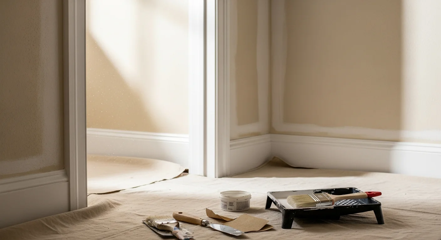 Freshly painted interior living room in a Devon, PA home showing smooth white walls, clean trim lines, and protected hardwood floors. A professional painter applies a second coat to an accent wall using a roller in a well-lit Chester County residence.
