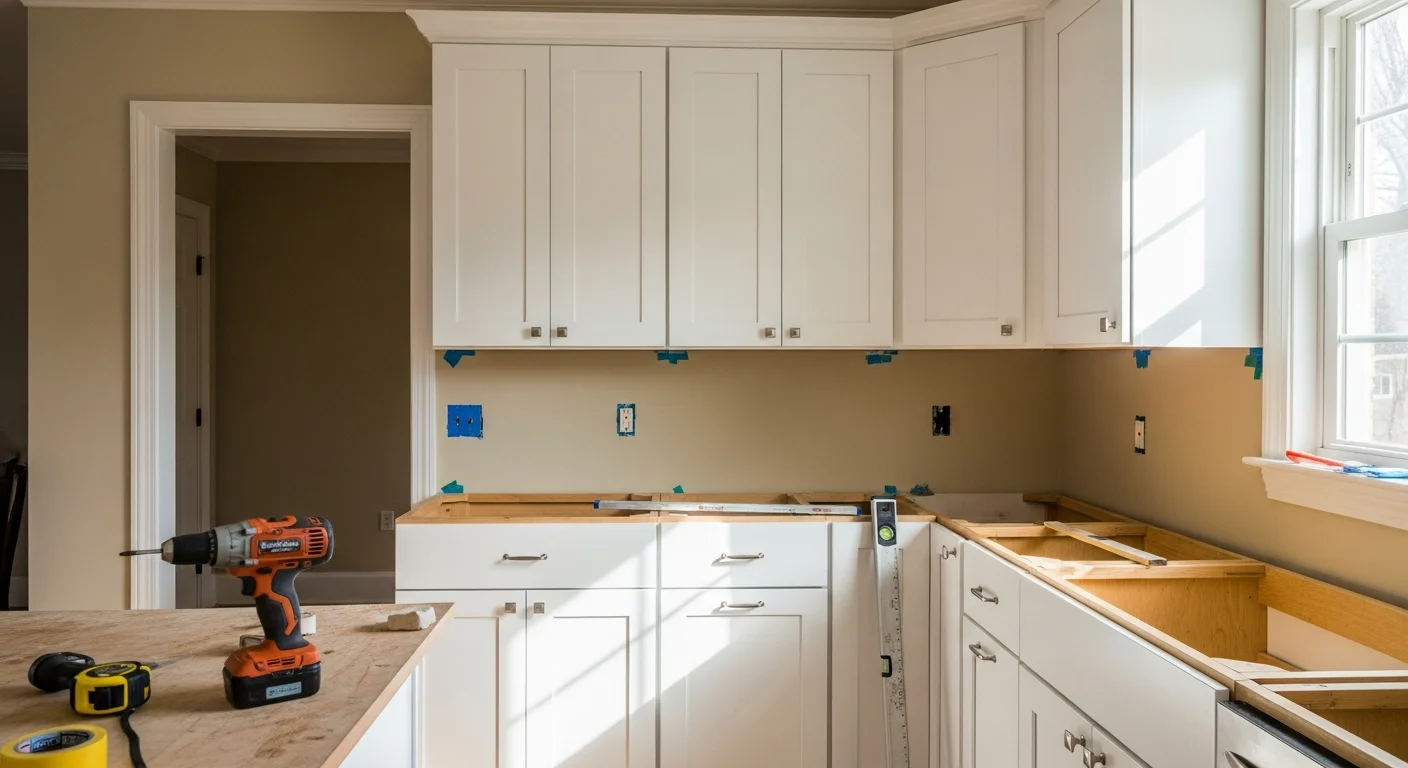 Newly installed white shaker kitchen cabinets in a Devon, PA Colonial-style home, with upper and lower runs aligned and cabinet doors hanging flush. Close view shows clean scribe molding at the wall and level drawer fronts across the base cabinet run.