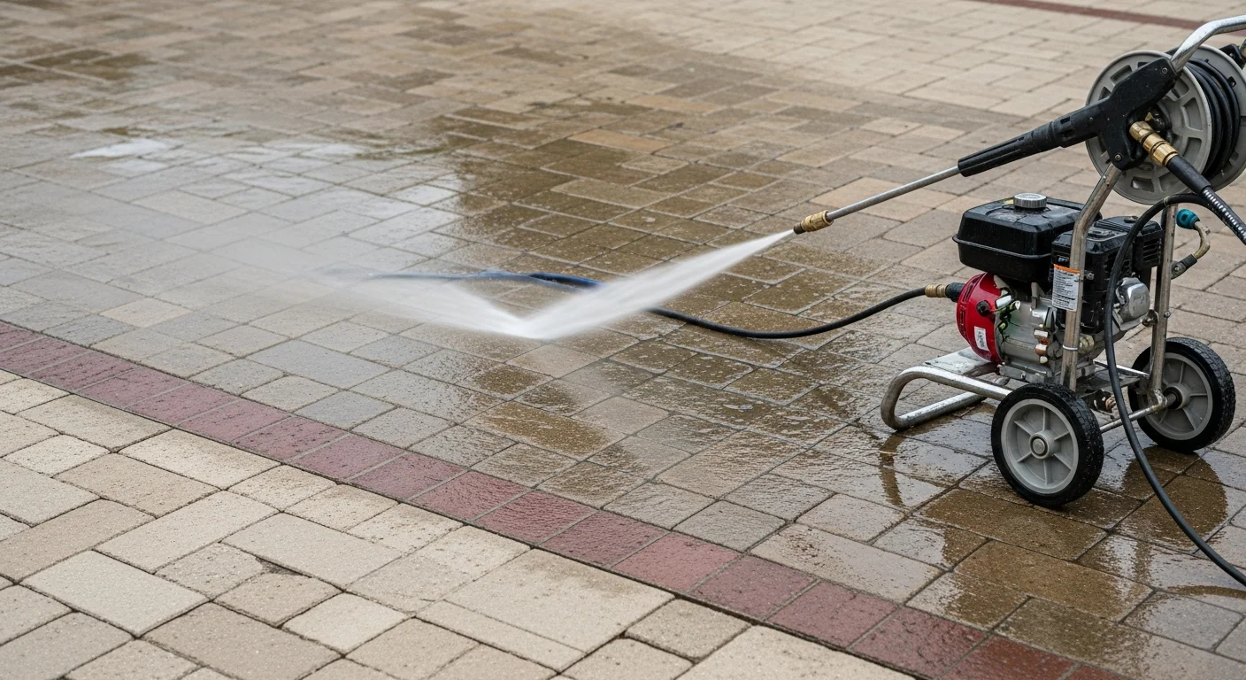 A concrete patio in Devon, PA shown after professional pressure washing, with clean surface color restored and no visible algae or staining. A pressure washing wand is visible at the edge of the frame against a residential backyard backdrop.