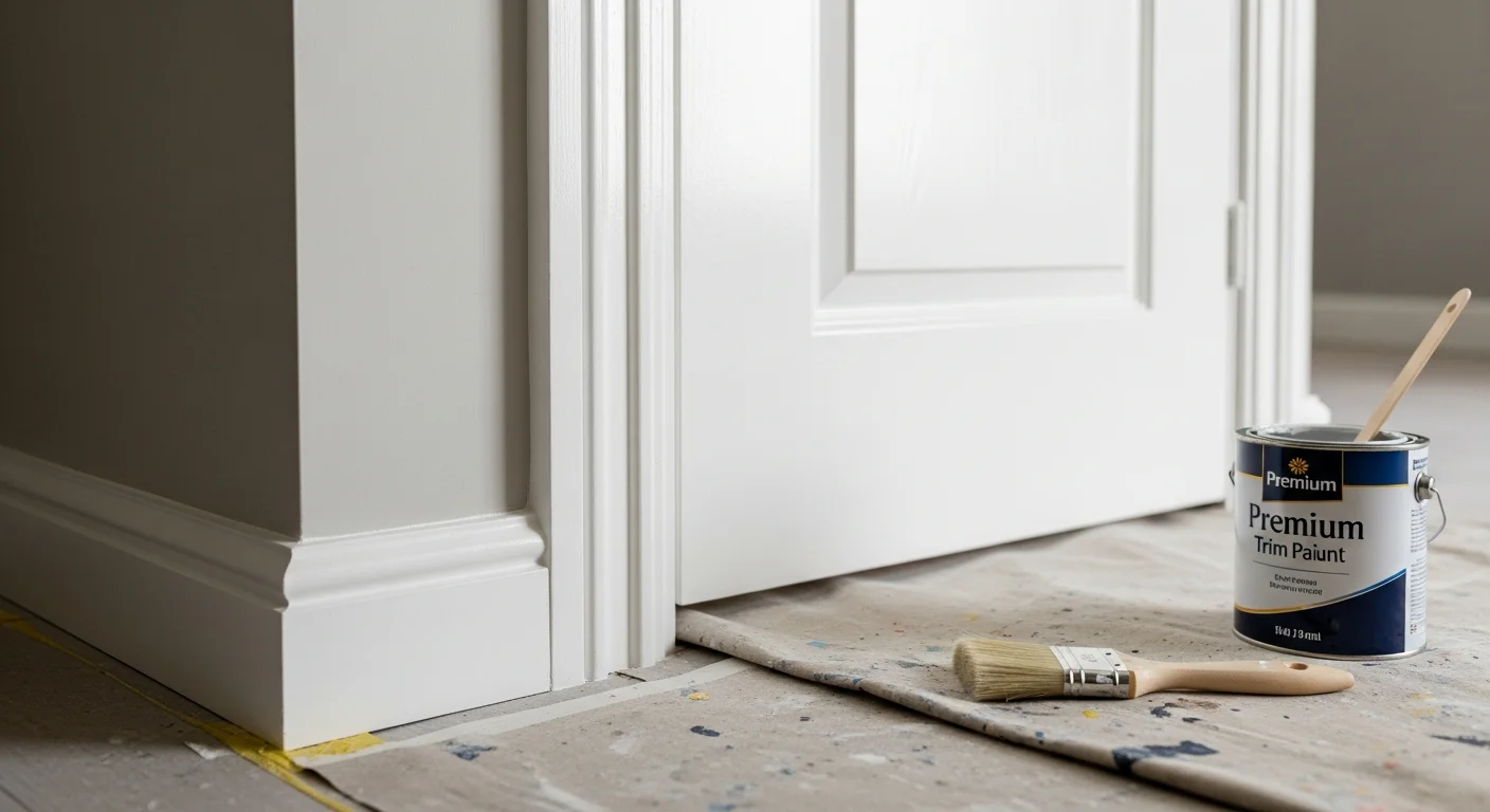 Freshly painted white exterior trim on a Devon, PA home, showing clean lines around window casings and a dark front door frame. Close-up view highlights the sharp edge between the trim and siding after professional painting.