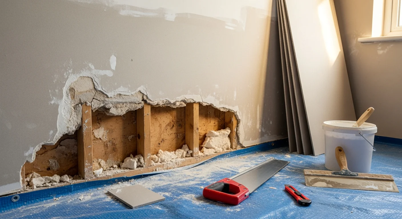 A Devon home interior showing a freshly repaired and painted drywall section on a living room wall after water damage. The repaired area is smooth and texture-matched to the surrounding wall surface.
